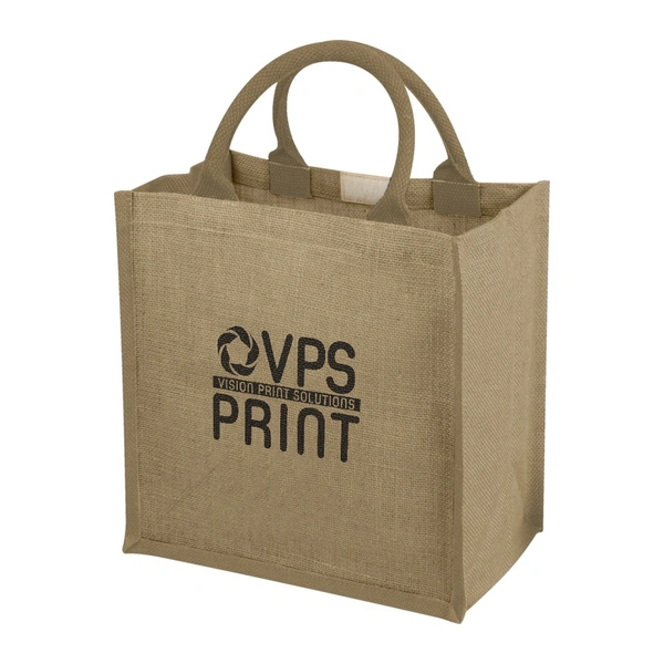 Natural jute tote bag with a black 1 colour printed logo