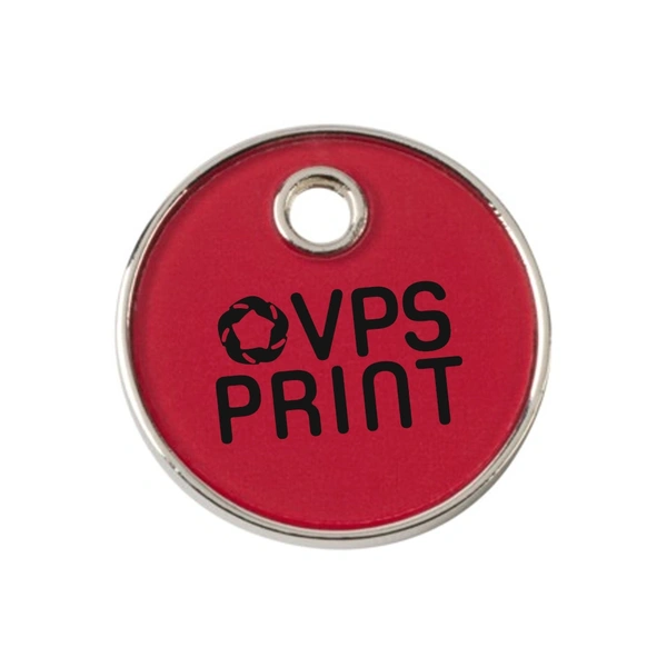 Close-up of a red trolley coin with a black 1 colour pad printed logo