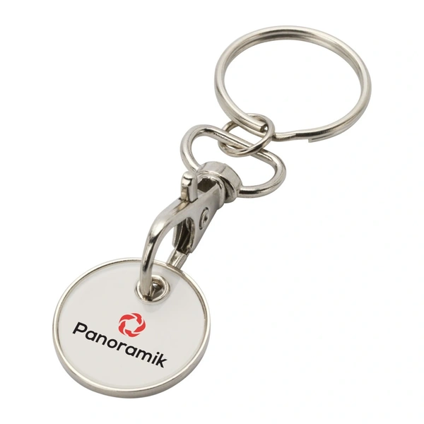 White trolley coin keyring with a 2 colour pad printed logo