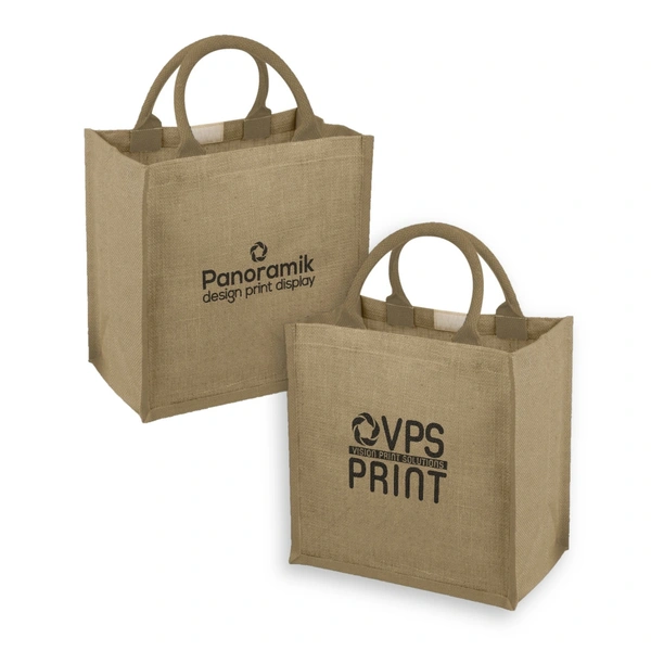 Two natural jute tote bags showing a 1 colour logo printed on the front and on the back