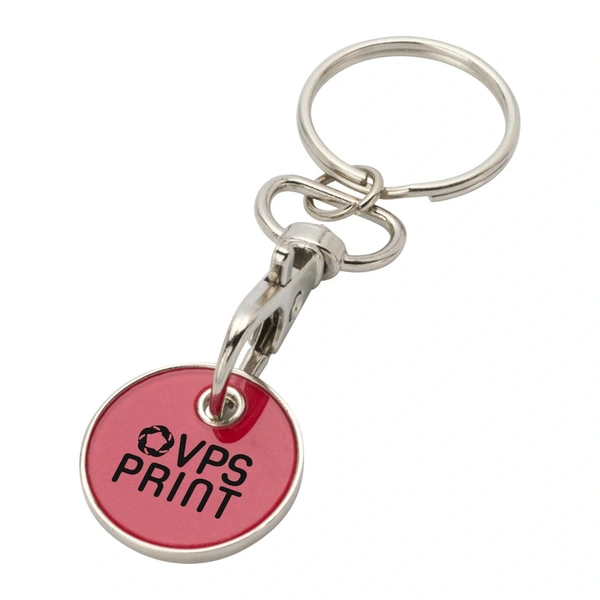 Red trolley coin keyring with a black 1 colour pad printed logo
