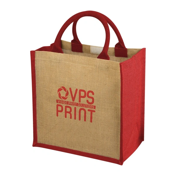 Natural jute tote bag with red trim and handles and a red 1 colour printed logo