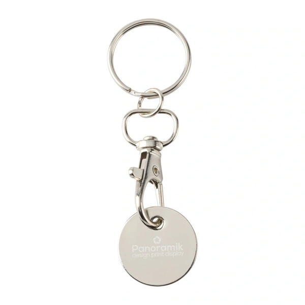 Trolley coin keyring with a logo laser engraved on the silver back of the coin