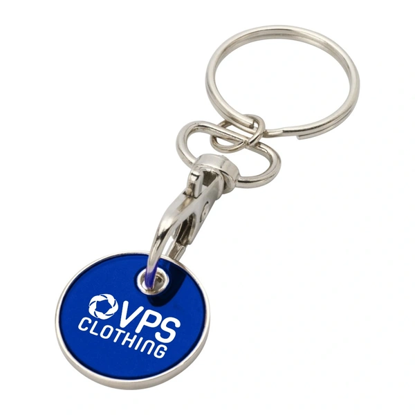 Blue trolley coin keyring with a white 1 colour pad printed logo