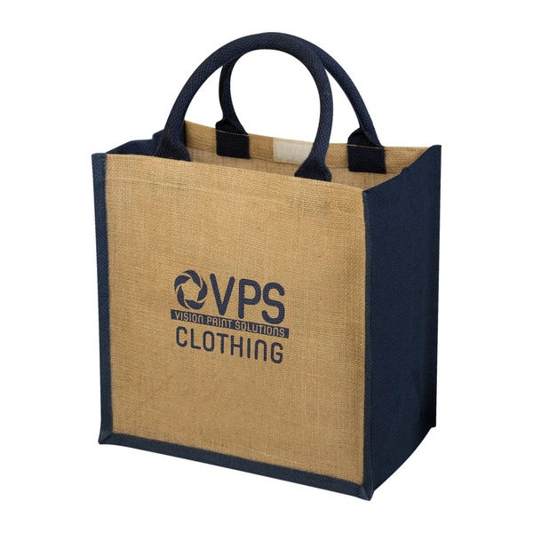 Natural jute tote bag with navy trim and handles and a navy 1 colour printed logo