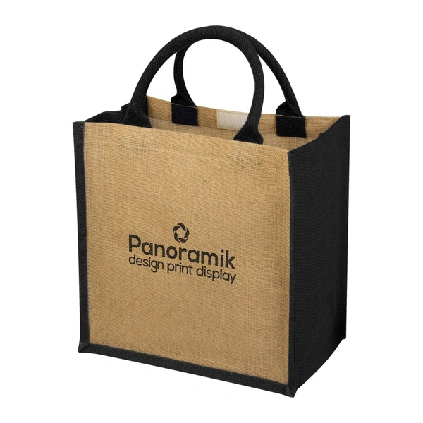 Natural jute tote bag with black trim and handles and a black 1 colour printed logo