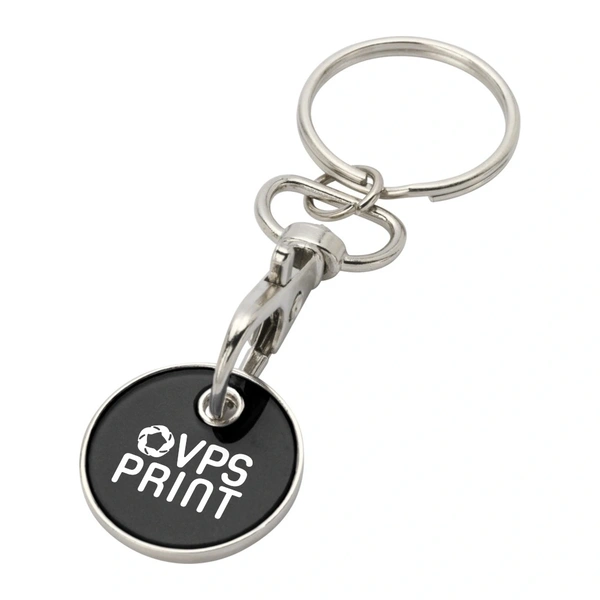 Black trolley coin keyring with a white 1 colour pad printed logo